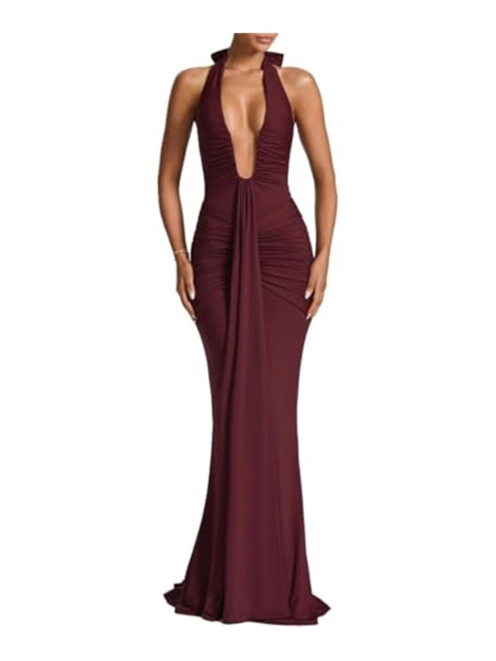 Burgundy Halter Maxi Gown Deep V Neck Ruched Bodycon Evening Formal Dress - Picture 1 of 6